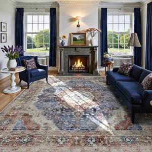 Deerly Rug 8x10 Area Rug Boho Washable Rug Large Rugs for Bedroom Living Room Vintage Non-Slip Oriental Distressed Carpet Indoor Stain Resistant(Border Brown/Navy Blue)