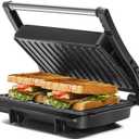 Panini Press Grill, Aigostar 1000W Sandwich Maker with Ceramic Non-stick Plates, Opens 180 Degrees for Any Size Food, 3-in-1 Sandwich Press Electric Grill, Drip Spout & Locking Lid, Sliver
