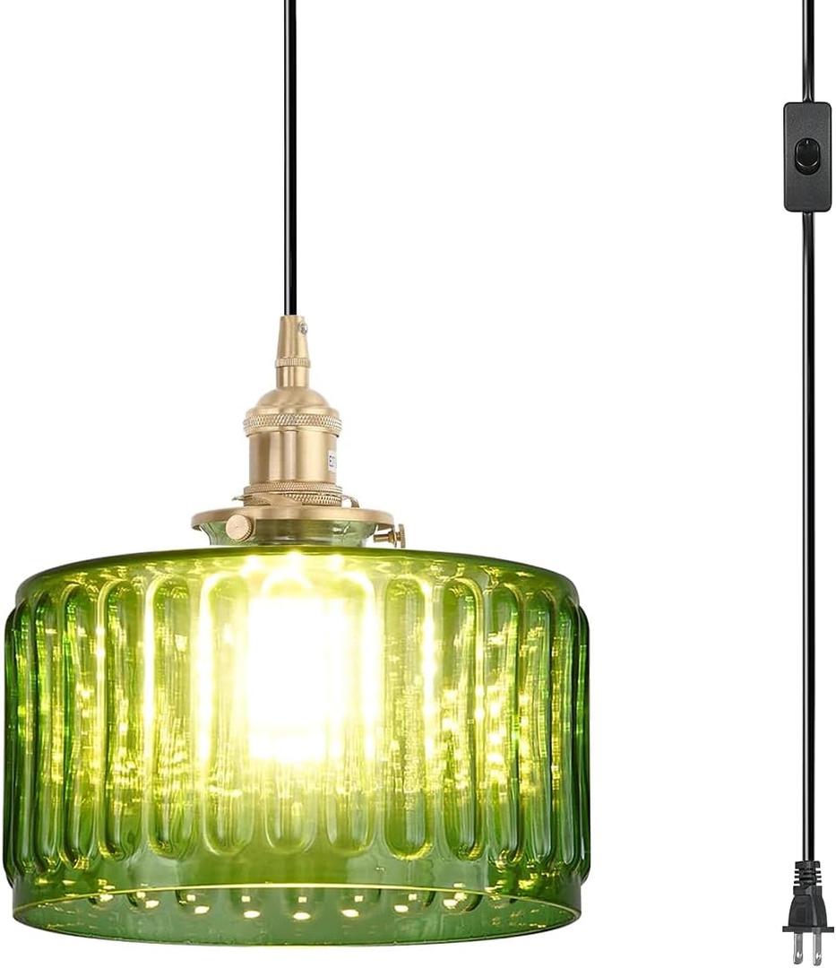 Plug in Pendant Light Green Glass Pendant Lamp Striped Glass Shade Vintage Plug in Ceiling Hanging Lamp 1-Light with Plug in Cord Swag Ceiling Light for Kitchen Island Living Room