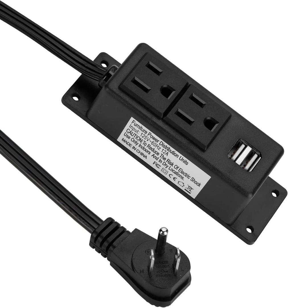 Power Strip with USB, BTU Desktop Power Outlet with 2 AC Outlets, 2 USB Ports, 6.56ft Extension Cord, Mountable Under Desk, Workbench, Nightstand, Dresser, Table, Black