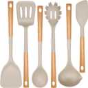 NCUE Kitchen Utensils Set, Large Non-stick Silicone Cooking Utensils Set 6 Pcs, Wooden Handle Heat Resistance Silicone Spatula Soup Ladle Pasta Server Kitchen Gadgets Utensils Set BPA Free (Khaki)