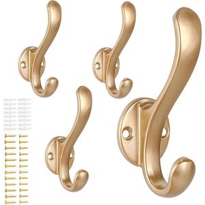 4 Pack Coat Hooks Wall Mount Heavy Duty Utility Retro Double Hooks for Hanging Coats,Hat, Towel, Key, Robe, Scarf, Bag, Cap (Gold)