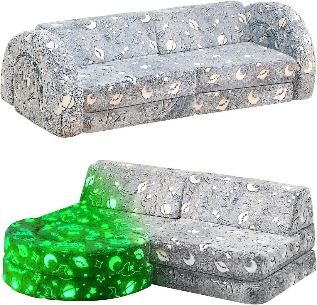10Pcs Modular Kids Play Couch Glow, Convertible Play Fort Kids Couch, Instant Rebound 28D Foam Toddler Couch, Kid Sofa for Playroom, Bedroom Furniture, Gray and Space (Gray Universe)