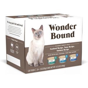 Amazon Brand - Wonder Bound Canned Wet Cat Food Variety Pack (Seafood, Tuna and Salmon Recipes in Gravy), Adult Recipe, 3 Ounce (Pack of 24) (EXP 04/14/28)