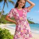 AIDEAONE 5-16T Girls Bathing Suit 3 Piece Swimsuit Drawstring Quick Dry Tankini with Cover Ups (9-10 Years, Pink Butterflies)