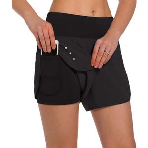Ksmien Women's 2 in 1 Running Shorts - Lightweight Athletic Workout Gym Yoga Shorts Liner with Phone Pockets (Large, Black)