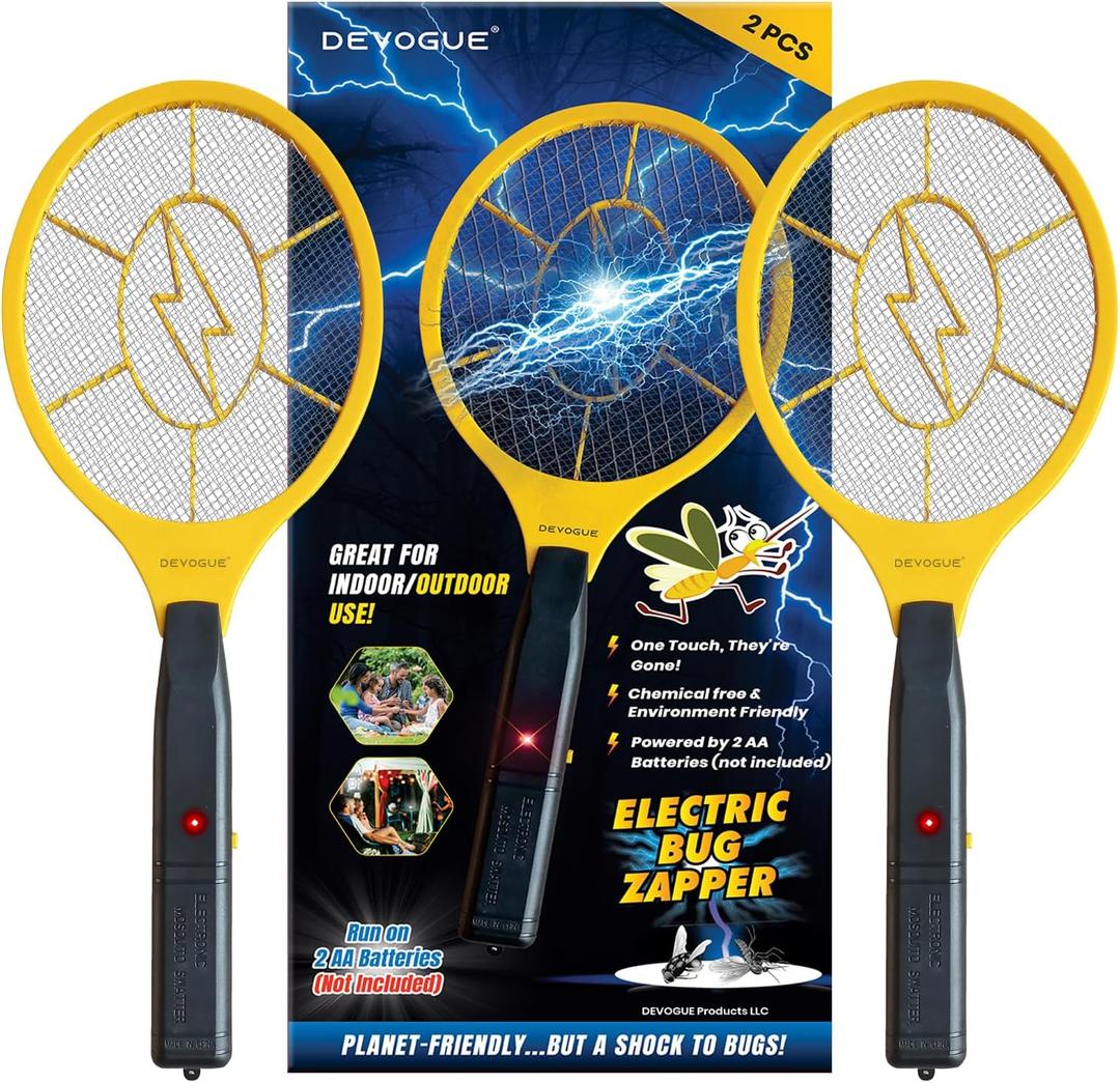 DEVOGUE Pack of 2 Electric Fly Swatter Bug Zapper Battery Operated Flies Killer Indoor & Outdoor Pest Control Mosquito Zapper and Insect Catcher Racket