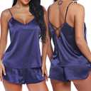 RSLOVE Women V Neck Sexy Lingerie Satin Sleepwear Pajamas Cami Shorts Set Nightwear (Large, Iris)