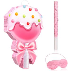 Aoriher Candy Party Favor Candy Piata with Stick Blindfold Pink Sweet Lollipop Candy Piata for Birthday Party Supplies Decoration
