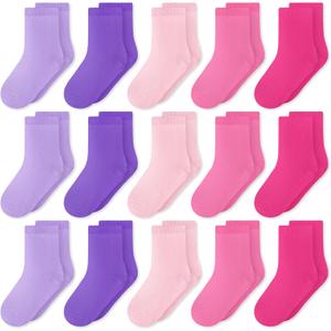 GENTABY Toddlers Kids Crew Socks 15 Pairs Boys Girls Socks Casual Athletic Dress Socks for Kids 1-14 Years (Purple, XS)