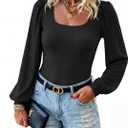 Womens Puff Long Sleeve Tops Square Neck Ribbed Knit Slim Fit Blouse Basic Tee Tops Elegant T Shirts (XL)