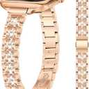 Slim Rose Gold Bling Watch Band Women Compatible with Apple Watch 38mm 40mm 41mm 42mm (S10) Jewelry Replacement Sparkly Diamond Metal Thin Strap for iWatch Series 10/9/8/7/6/5/4/3/2/1/SE
