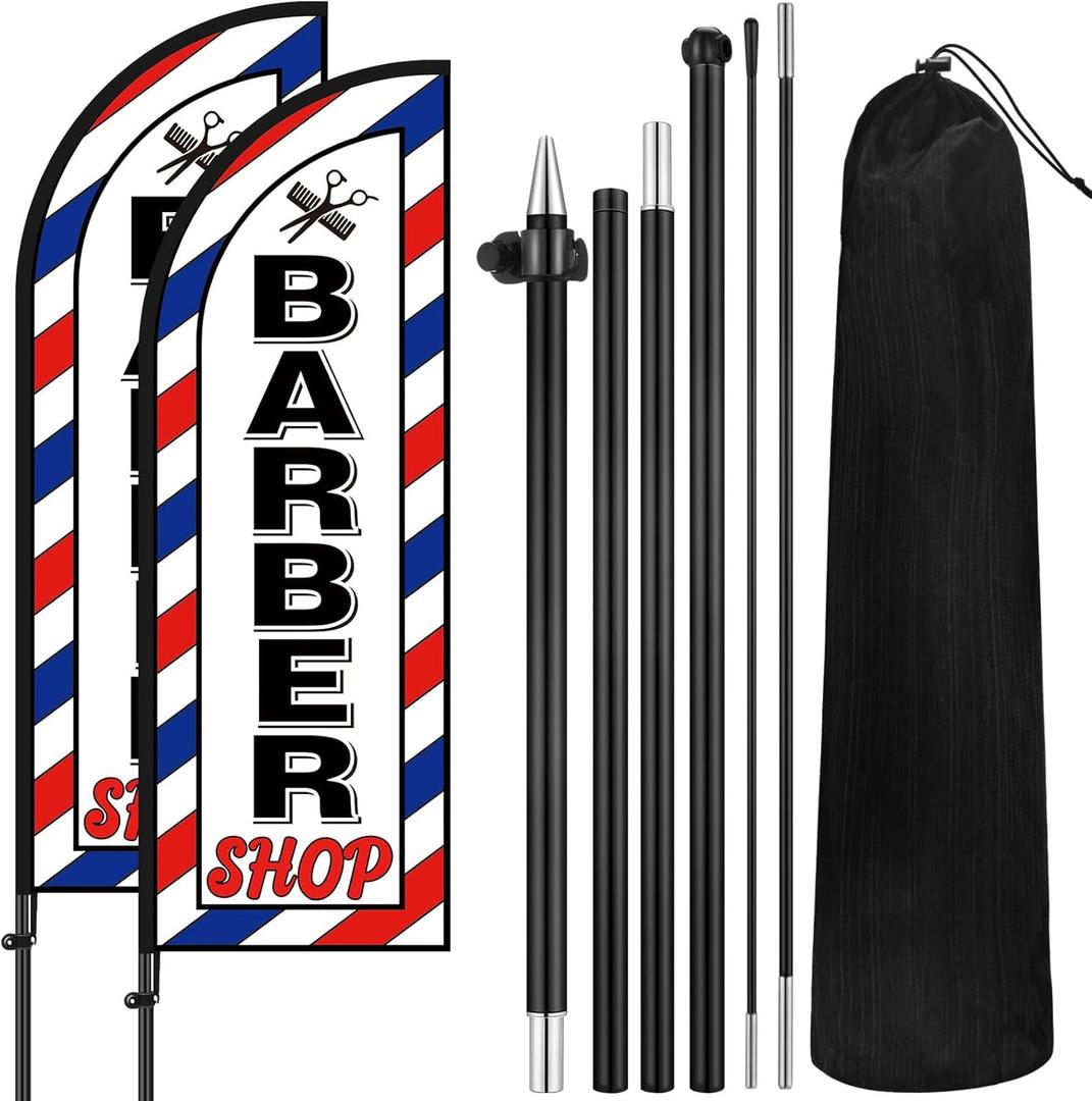 2 Set Barber Flag Barbershop Themed Swooper Flag Banner with Pole Kit Open Feather Barber Sign for Salon Business Advertising Outdoor Outside(7 ft)