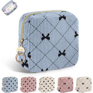 Period Bag for Teen Girls, Corduroy Cute Sanitary Napkin Storage Bag, Menstrual Pad Tampon Holder for Purse (Blue-Bow Tie)