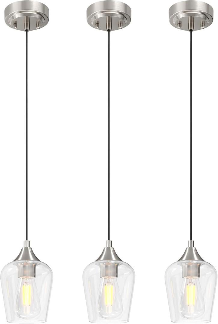 VONLUCE Pendant Lights Kitchen Island, Brushed Nickel Pendant Light Fixtures with E26 Base & Adjustable Cable, Modern Pendant Lighting with Glass Shade for Living Room Bedroom Hallway, 3 Packs