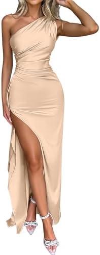 Memoriesea Women's Sexy One Shoulder High Split Cocktail Wedding Party Maxi Dress, M