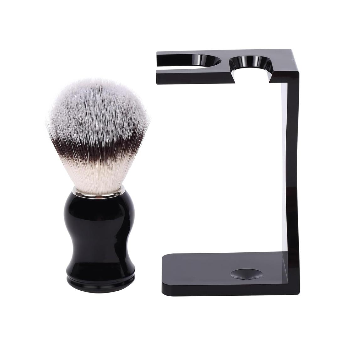 Shaving Stand Holder for Razor and Brush, 2-in-1 Set Includes Premium Black Acrylic Stand & a Synthetic Shaving Brush, All-in-One Bathroom Storage & Drying Organizer - Grooming Gift for Men