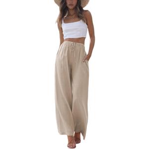 Faleave Women's Cotton Linen Summer Palazzo Pants Flowy Wide Leg Beach Trousers with Pockets (Khaki, Size S)