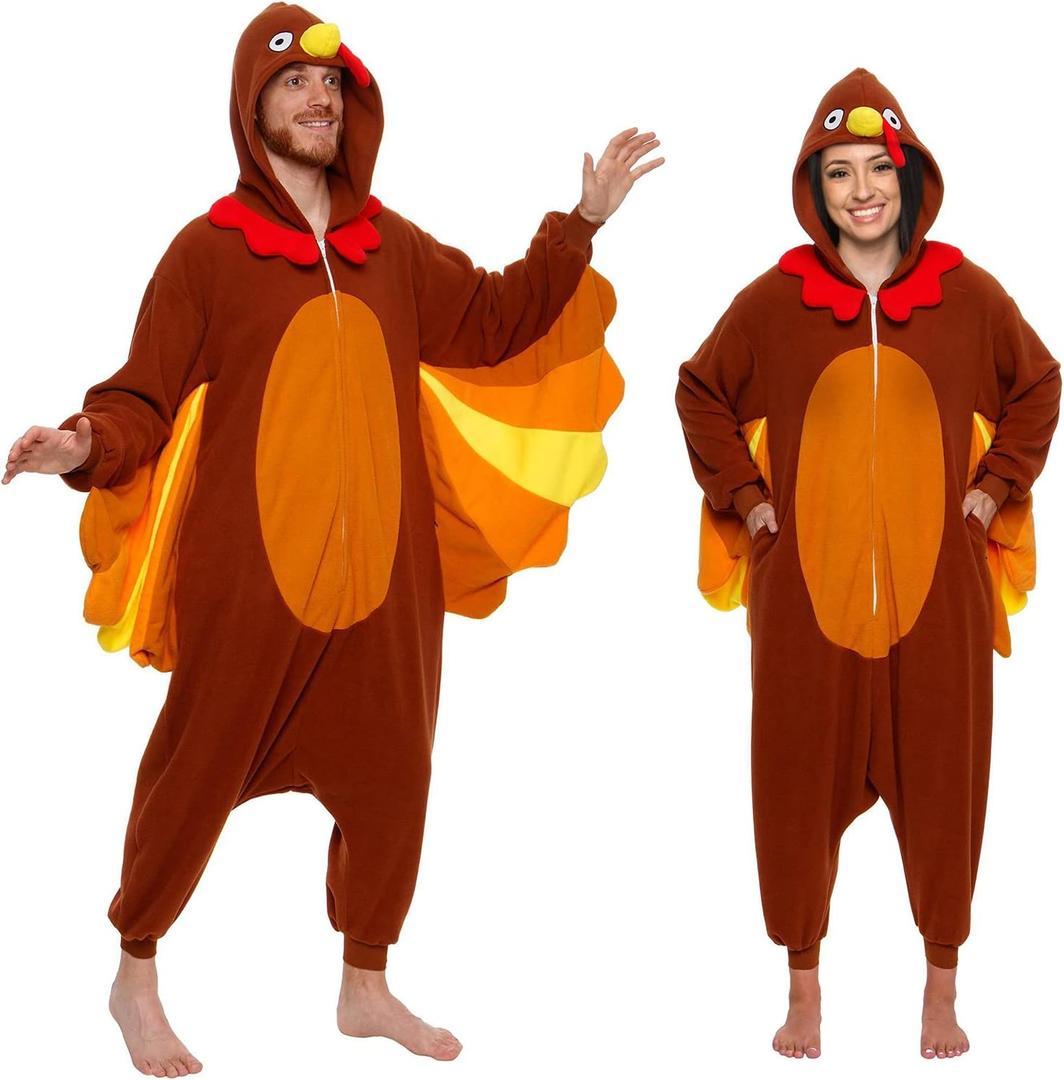 Funziez! Adult Onesie Halloween Costume Animal Dinosaur Shark Unisex Plush One Piece Cosplay Suit for Adults, Men and Women (Small, Brown, Yellow & Orange)