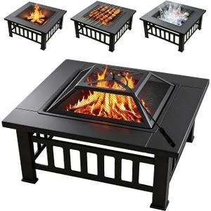 3-in-1 Multifunctional Square Fire Pit Table, 32-Inch Outdoor Metal Fire Pit with Ice Bucket, Black Powder Coated Iron, Charcoal Fueled
