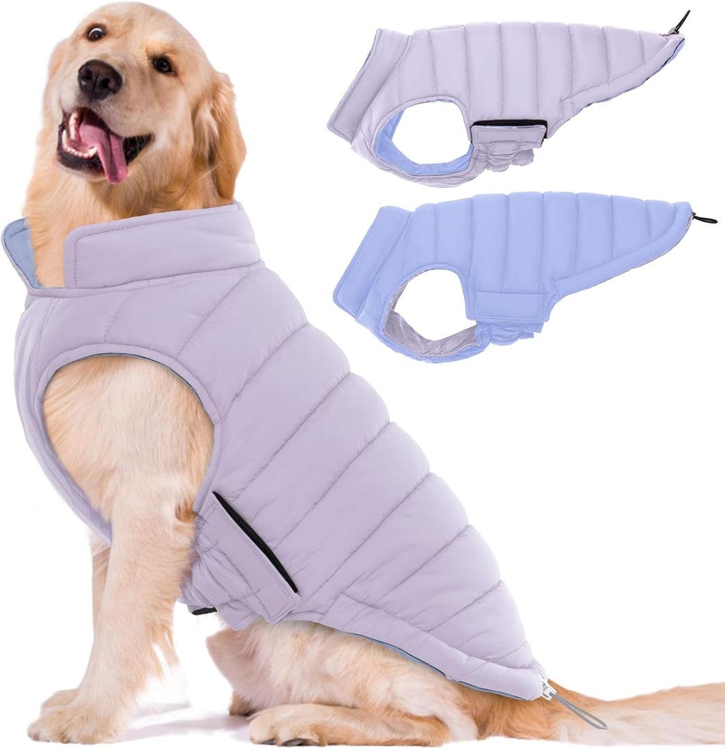 Lelepet Reversible Dog Coat Waterproof Dog Jacket Windproof Puffer Vest for Winter Warm Lightweight Coats for Medium Dogs Adjustbale Hook & Loop Pet Apparel with Leash Hole, French Bulldog, Purple, L