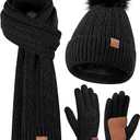 Fisfet Winter Beanie Hat Scarf Gloves Set for Women, Pom Pom Beanie Fleece Lined Knit Neck Warmer Touchscreen Gloves 3 in 1 Gift Set