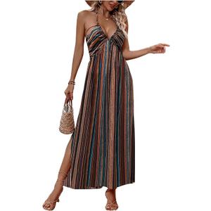 Women's Summer Dress Striped Halter Long Dress Sleeveless Tie Back Ruffle Trim Split Sides Maxi Dresses
 Size L