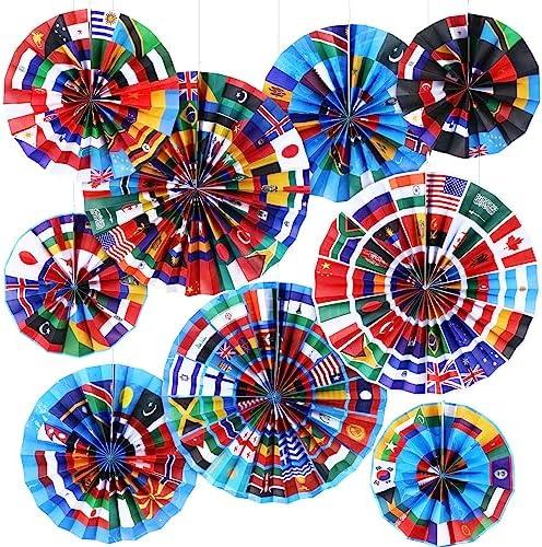 Outus 27 Pcs International World Flags Classroom Decorations Around The World Hanging Paper Fans Country Flags International Decor Party Banner Garland for Office Classroom Decor