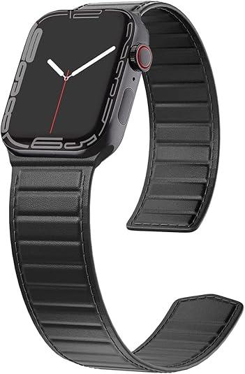 LKEITY Magnet Leather Bands for Apple Watch Band 49mm 46mm 45mm 44mm 42mm 41mm 40mm, Leather Magnetic Link Loop Strap with Strong Magnet for iWatch SE3 SE2 & Series 11/10/9/8/7/6/5 Ultra 3, Men Women, Black