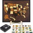 12×10" Wooden USA Travel Map Puzzle for RV Home Art Decor- 50 States Travel Tracker Map with Landmark Stickers, Storage Tin & Display Stand for Families Gift, Educational Geography Board Game