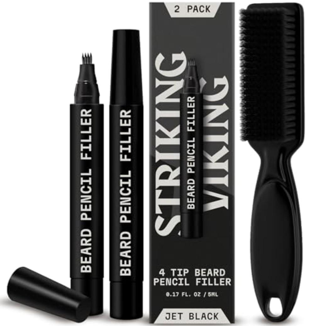 Striking Viking 2 Pack Beard Pencil Filler for Men with 4 Tips (Jet Black) - Fill, Shape & Define with this Long-Lasting, Waterproof Beard Pen Kit not Including Brush