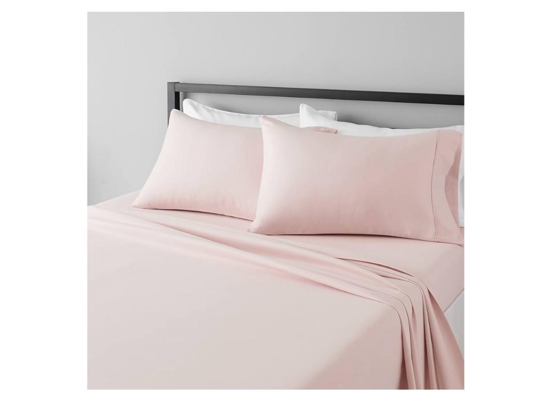 Amazon Basics Lightweight, Breathable, Wrinkle Resistant Microfiber 4-Piece Bed Sheet Set with 14-Inch Deep Pockets, Full, Blush Pink, Solid