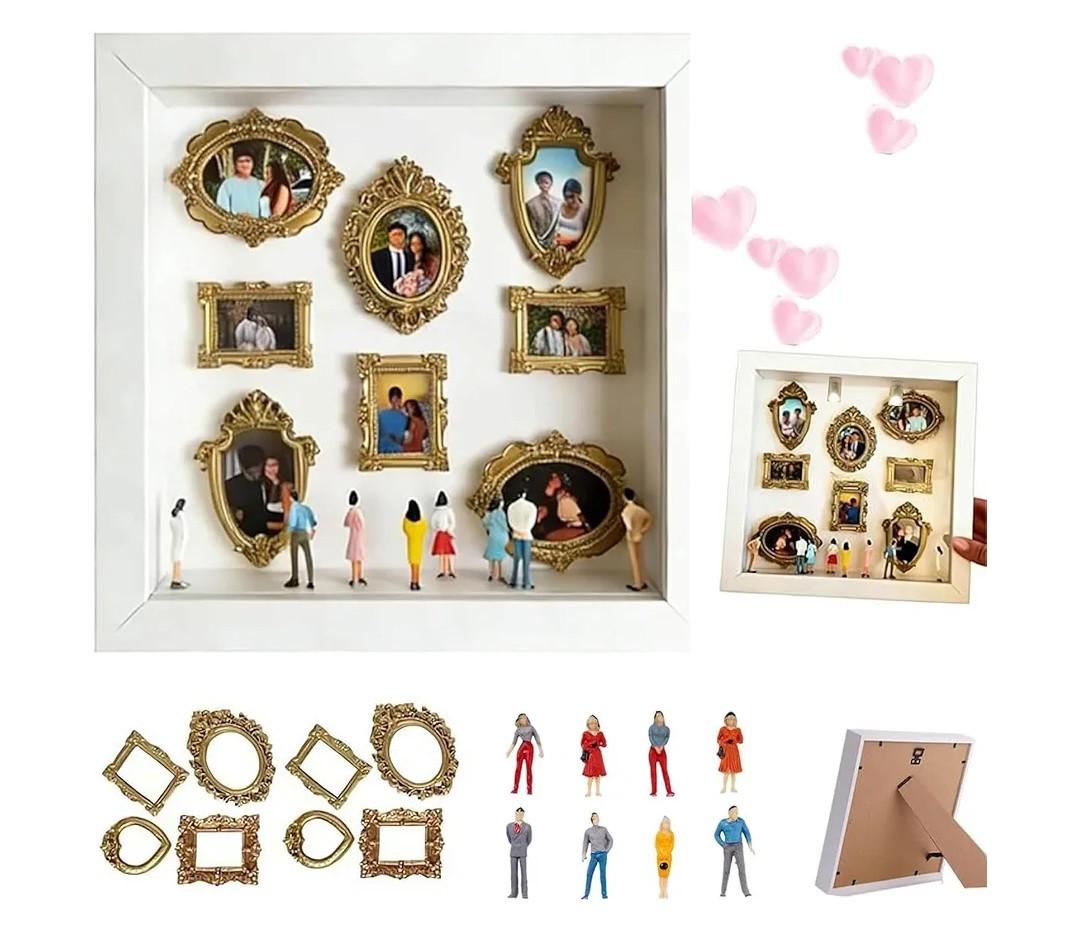 DIY Mini Museum Silhouette Box, Shadow Box Frame Kit with Gold Mini Frames and Figurines, Upgrade Shadow Box Frame Kit, DIY Photo Family Memory Display Case Frame for Anniversary, Wedding, Birthday