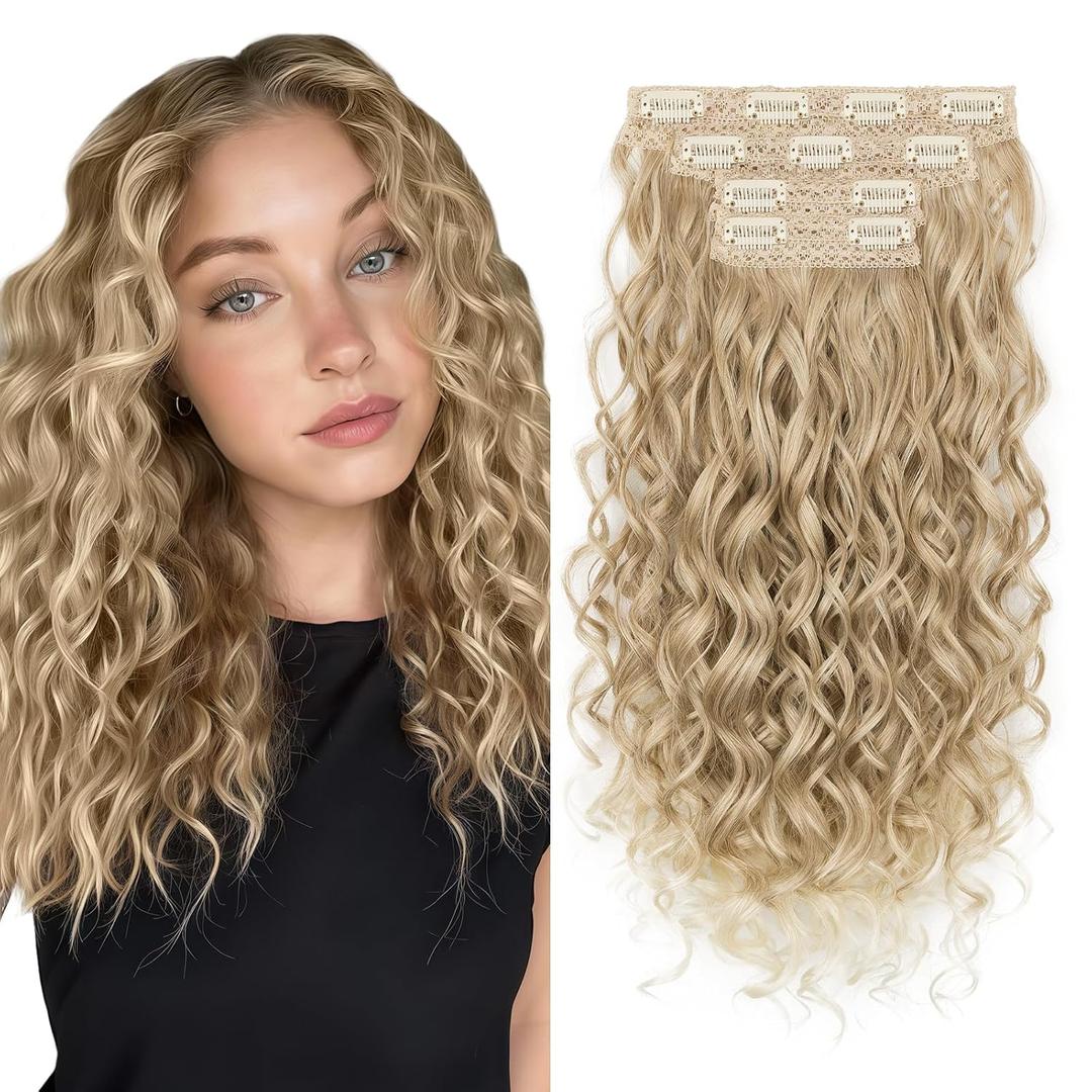Curly Clip In Hair Extensions, 4PCS 16 Inch Dark Blonde with Light Blonde Extensions Clip Ins, Lace Weft Short Curly Invisible Natural Hairpieces for Women