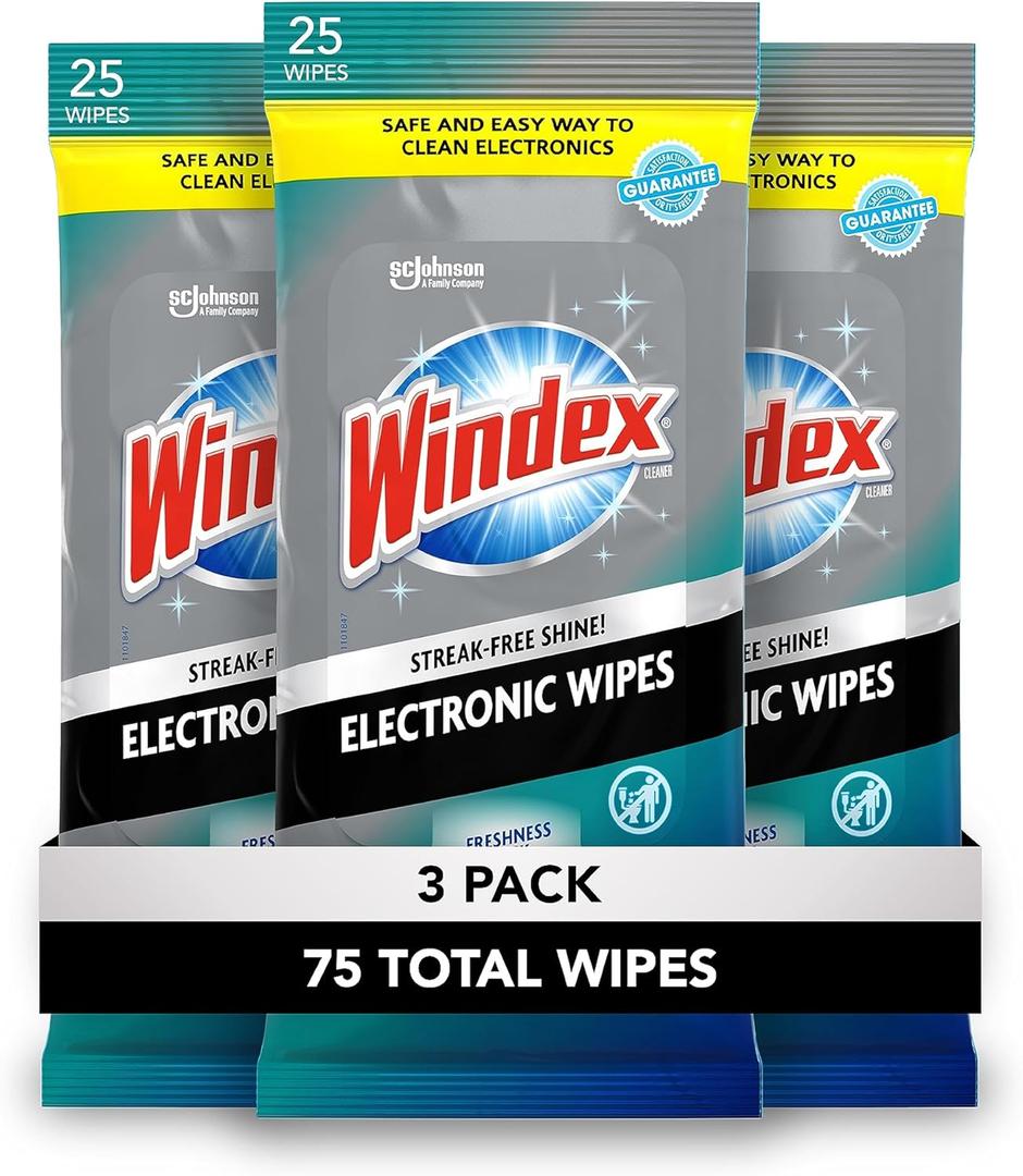 3 x Windex Electronic Cleaning Wipes, Pre-Moistened Screen Wipes for TVs, Phones, and Other Electronics, Resealable for a Freshness Lock, 25 Count (Pack of 3)