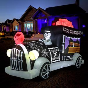 8.8Ft Long Halloween Inflatables Decorations, Inflate Hearse Coffin Tombstone Cemetery Tour Car Trick or Treat Truck Built-in Leds Halloween Blow Up Skull Spider Indoor Outdoor Yard Lawn Garden Decors
