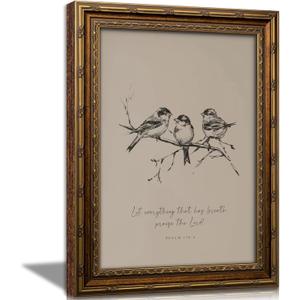 Vintage Gold Framed Christian Bird Wall art, Bible Verse Sketch Canvas Print, Cottagecore Scripture Picture Wall Decor, Psalm 150:6 Neutral Painting Poster Artwork for Living Room Bedroom, 24"L x 16"W