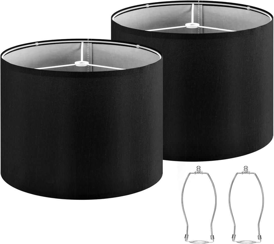 Drum Lampshades Set of 2 - Black Lamp Shade 13" Top x 13" Bottom x 10" High Spider Fitter, Replacement Medium Fabric Lampshades for Table Lamps, Floor Lamps, Assembly Required