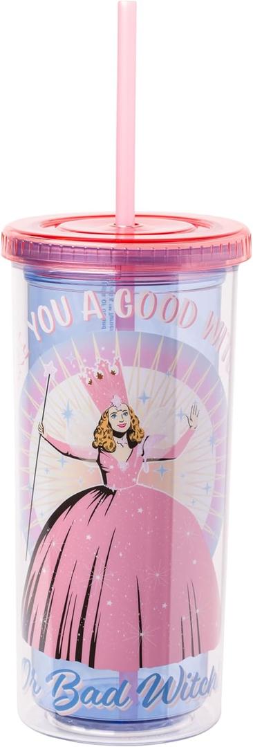 Silver Buffalo The Wizard of Oz Featuring Glinda “Are You a Good Witch or a Bad Witch” Plastic Tall Cold Cup with Lid and Straw, 20 Ounces