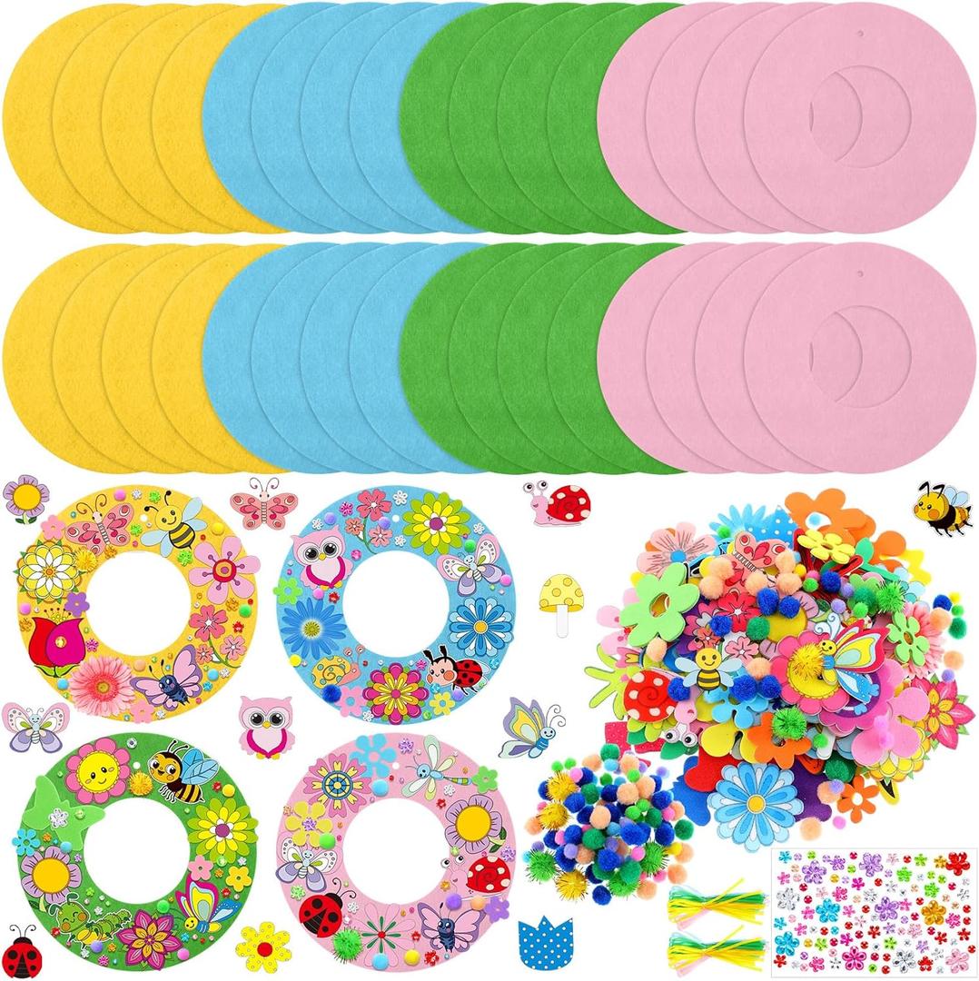 Wavwavw 472 Pcs Spring DIY Craft Kits Spring Wreath Summer Craft Kit Wreath Arts Decorations with Tulips Butterflies Bees Felt Stickers for Party Indoor Outdoor Home Decor (Colorful)