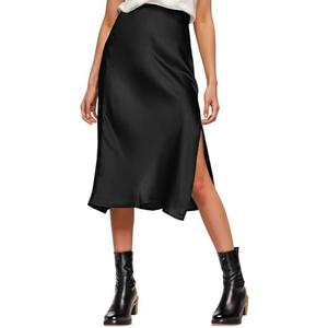 Womens Satin Silk High Waist Slit Midi Skirt Elastic Waistband Midi Skirts for Women (Black, Large)