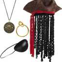 Spooktacular Creations Deluxe Pirate Hat with Dreadlocks, Eye Patch, Earring, Necklace, Tricorn Pirate Hat for Men, Halloween Costume Accessory, Caribbean Fancy Dress Up Brown