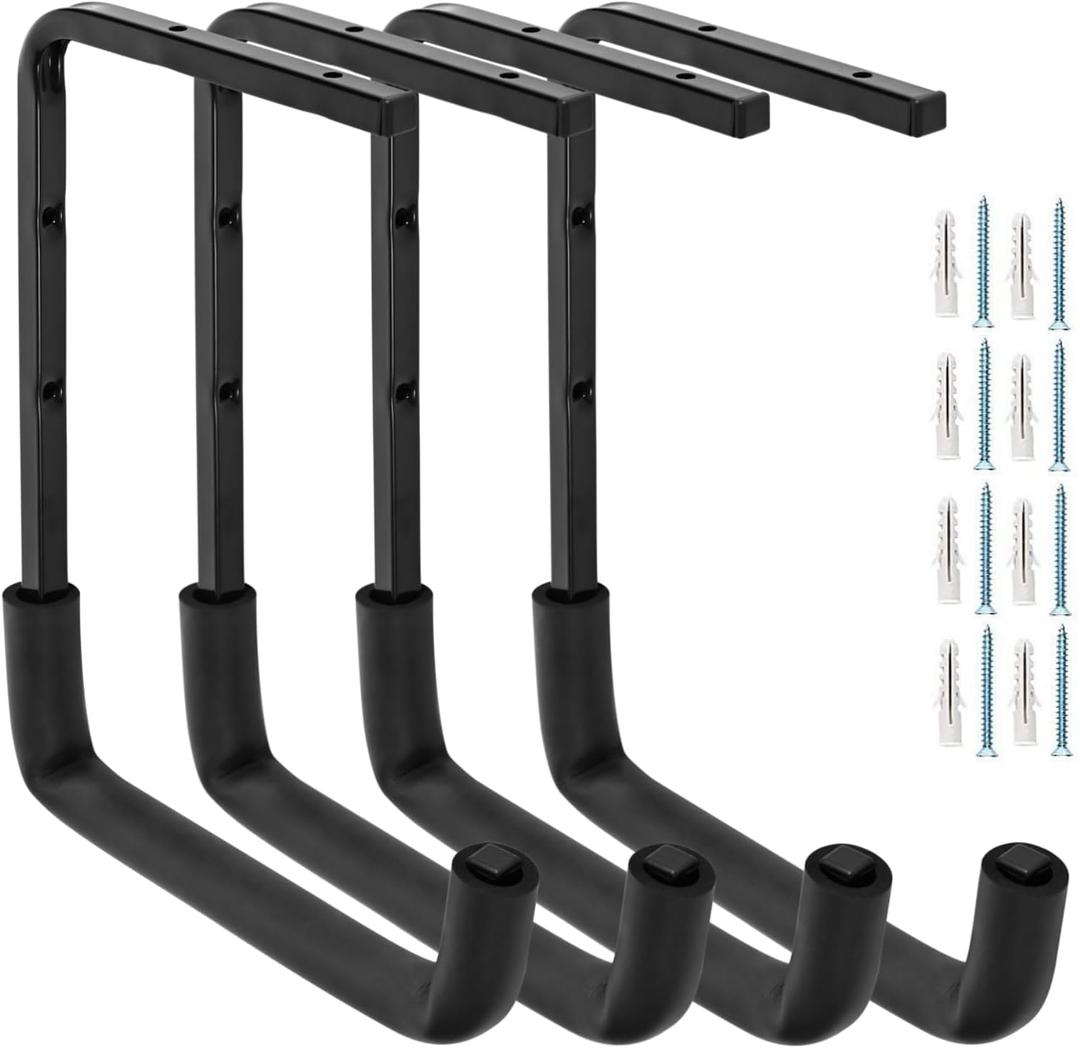 4pcs Ceiling Mounted Garage Hooks, Overhead Garage Storage Rack, Utility Ladder Hangers for Lumber Bike Tools (9.45 x 12.6 Inch)