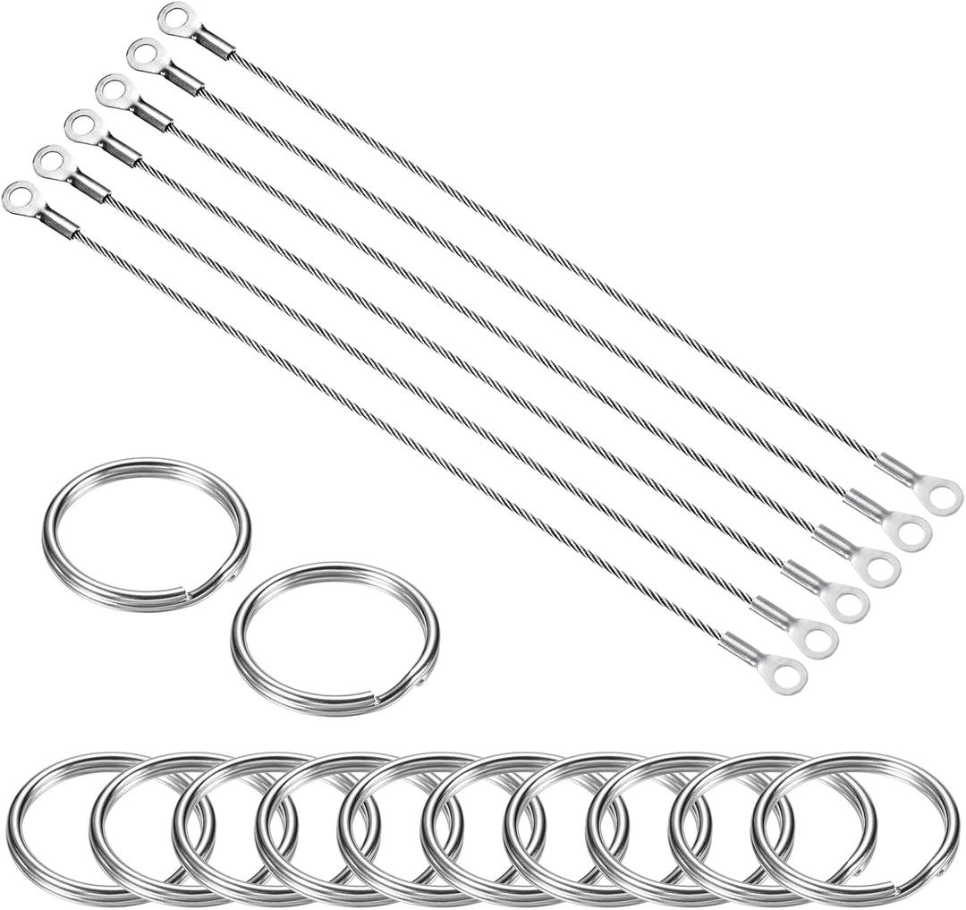 MECCANIXITY 304 Stainless Steel Lanyard Cable 20cmx3mm, 6Pcs Eyelets Ended Short Wire Rope Lanyard Safety Tether with 12Pcs Key Ring, Silver Tone