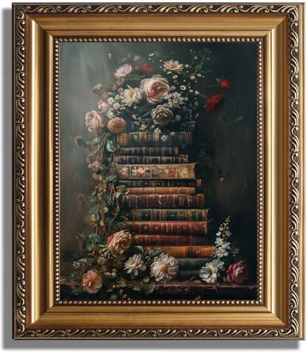 Framed Vintage Floral Wall Art - Moody Flowers Books Art Oil Painting, Vintage Wildflowers Dark Academia Floral Gallery Wall Decor Picture, Rustic Country Canvas Decor for Living Room Office 9''x12''  