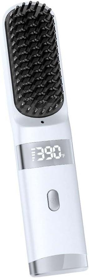 Cordless Hair Straightener Brush Portable on The go Comb for Travel USB chargingTwo Power sources30s Fast HeatingLCD Large Screen Display (White)