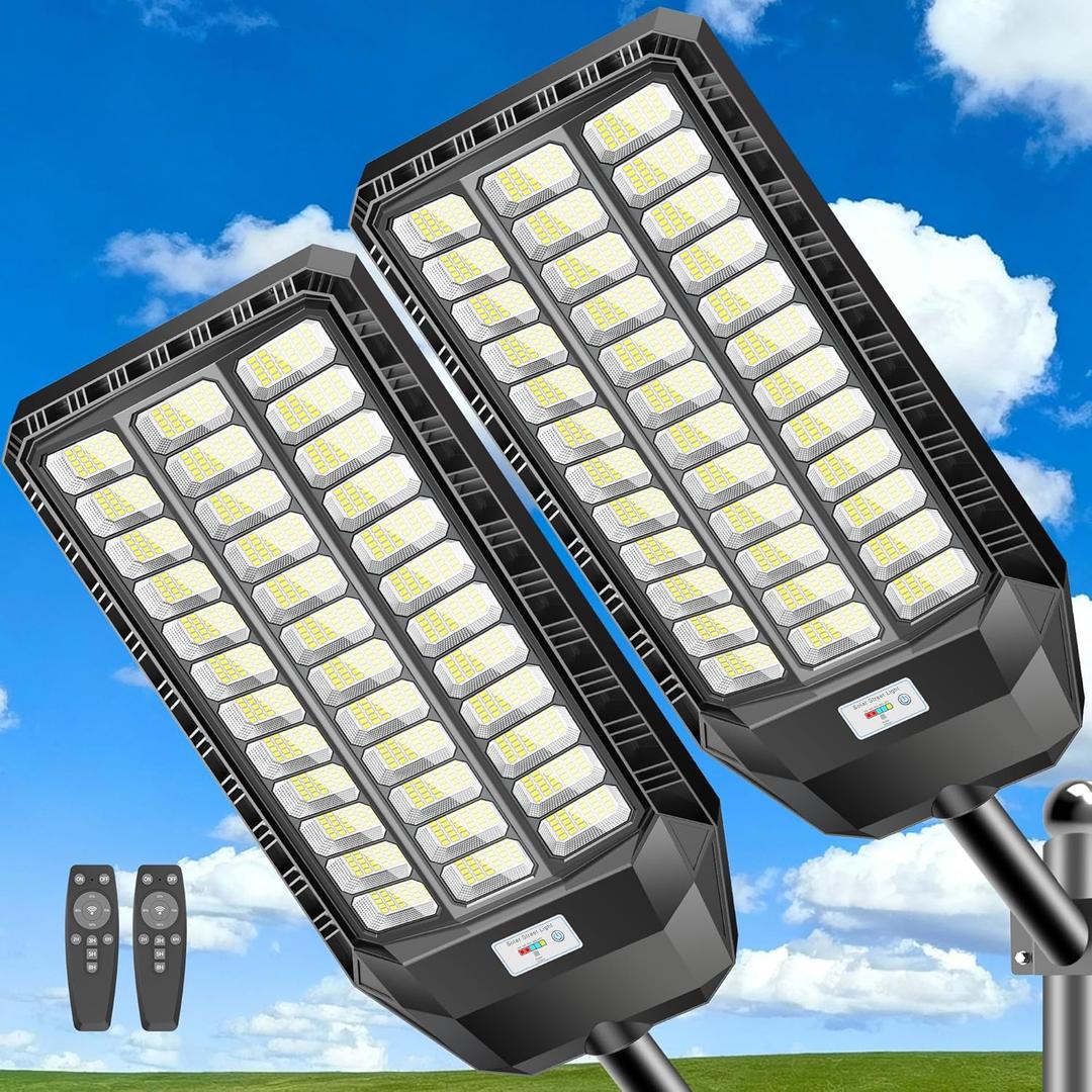 CEDIO Solar Street Light Outdoor, Plus Large Solar Lights IP67 Waterproof, LED Flood Lights Parking Lot Light Outdoor Motion Sensor with Remote Control (9500W-2PACK)