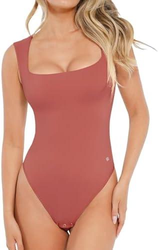 Popilush Bodysuits for Women - Sleeveless Square Neck Thong Bodysuit Tummy Control Double Lined Going Out Corset Tops 3XL