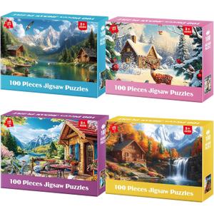 4-Packs 100 Piece Puzzles - Four Seasons Scenery Large Piece Puzzles for Senior Adults Kids Puzzle Ages 5-8 Jigsaw Puzzle for Kids Ages 4-6 6-8 8-10 Year Old Educational Toys for Girls Boys