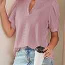Dokotoo Womens Summer Business Casual Blouses V Neck Short Sleeve Shirts Eyelet Cute Lace Tops (Pink, L)